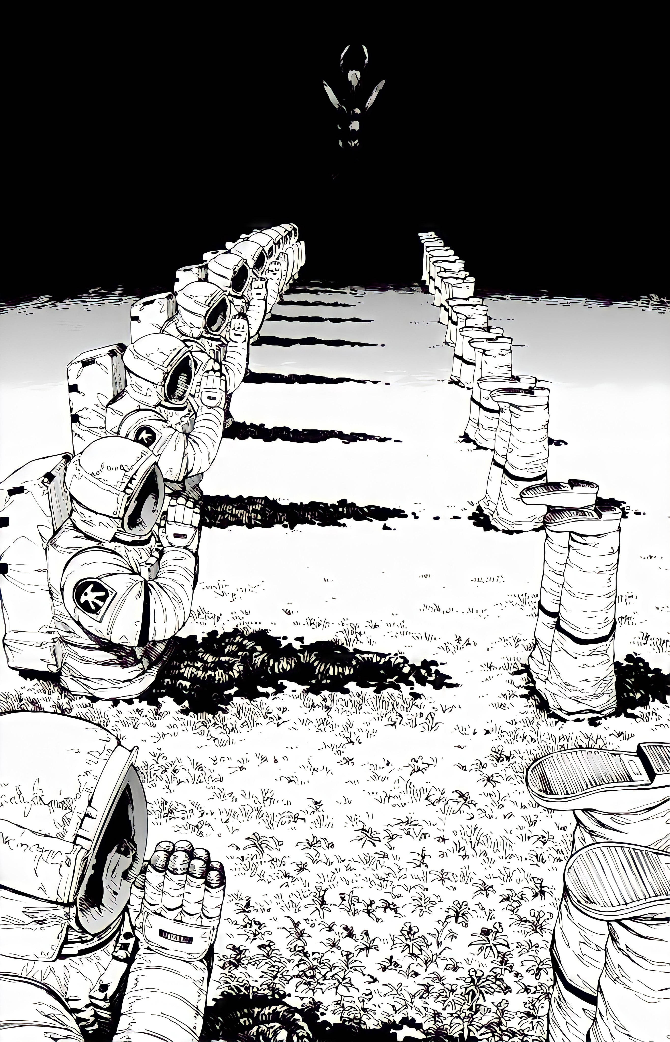 Чорно-білий аніме-шпалери для iPhone Chainsaw Man з молячими астронавтами Шпалери