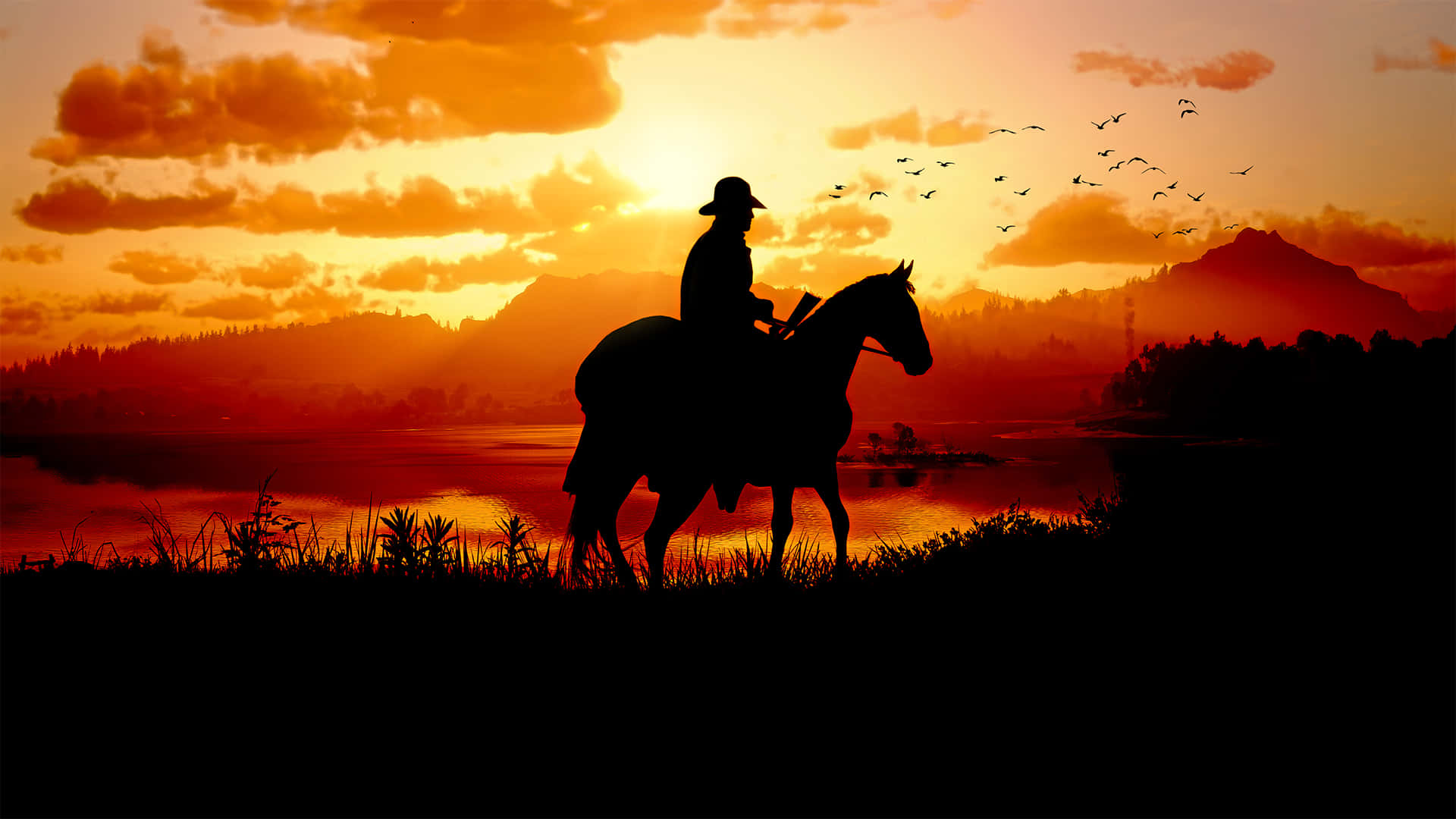 Шериф на коні на закате 1920x1080 Red Dead Redemption 2 фон Шпалери