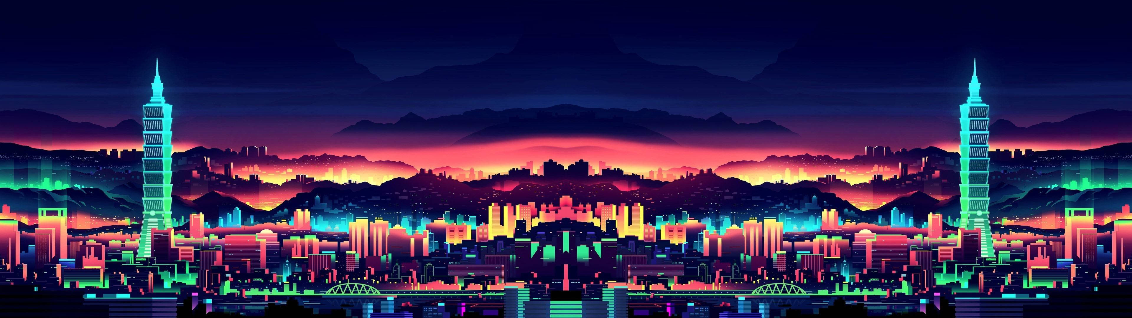 3840x1080 HD міське мистецтво для двох моніторів — Два монітори GIF Шпалери