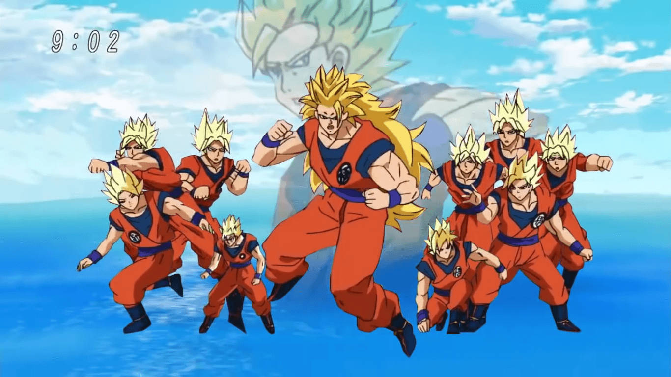 Dragon Ball Z Сан Ґоку супер Бролі, кілька супер саянів в одному, аніме-персонаж з колючим жовтим волоссям.