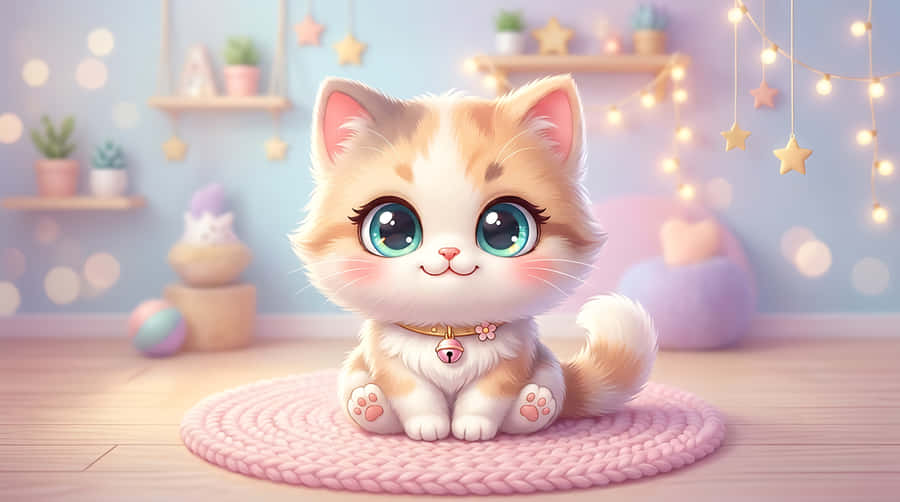 кошеня,кіт,чібі,кавай,милий,ілюстрація,мультфільм,пастель,домашній улюбленець,тварина,великі очі,чарівний,гірлянди,затишний,кімната,інтер'єр,цифрове мистецтво,3D рендер,солодкий,пухнастий