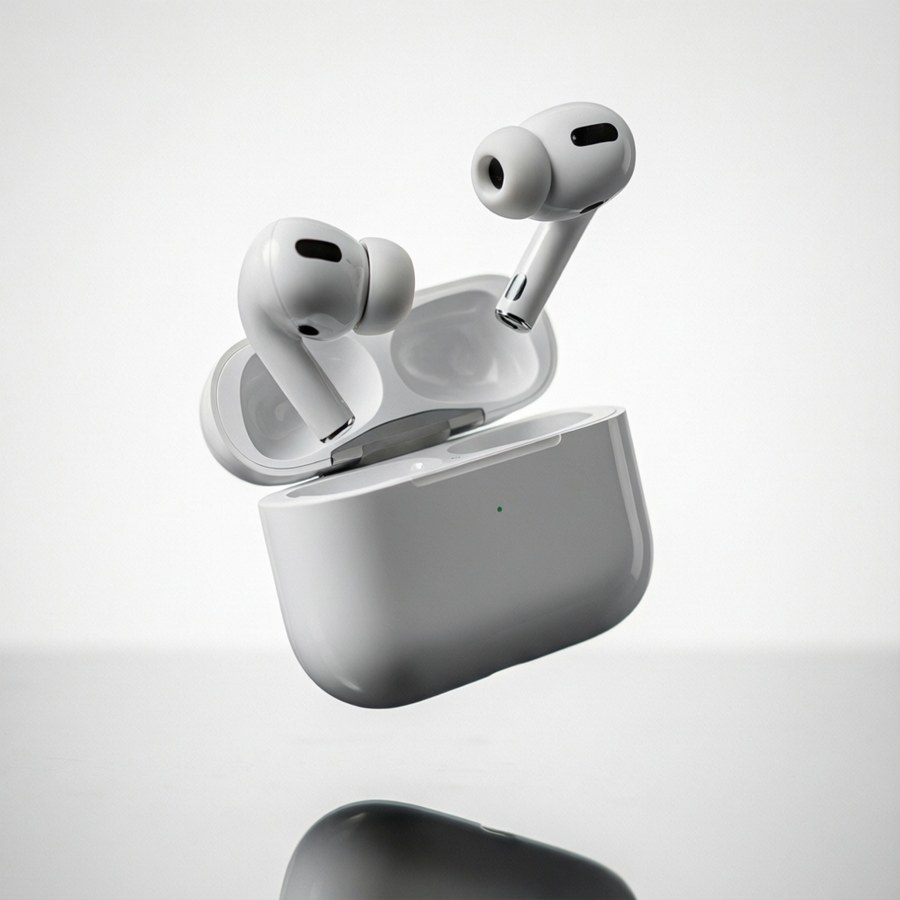 AirPods, парящие в воздухе, предметная съемка.