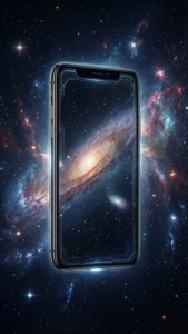 Космические обои с iPhone X, парящим среди звезд.