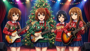 Дівчата K-On! виступают на сцені с рождественским концертом — Аниме рождество Шпалери