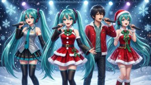 Персонажи Vocaloid исполняют рождественский концерт на заснеженной сцене — Аниме рождество Шпалери