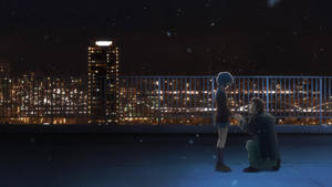 Аніме шкільний пейзаж Юкі Наґато та Кьон на даху вночі