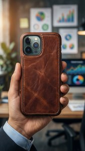 iPhone 11 Pro Max в кожаном чехле в руках профессионала на фоне офиса.