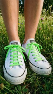 Білі кеди Converse з неоновими шнурками на траві, літній повсякденний стиль шпалери. — Літня естетика Шпалери