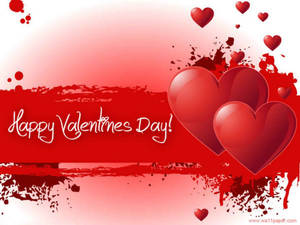 Красные сердца любви и текст "Happy Valentine's Day", написанный белым рядом с ними на красном фоне с брызгами красной краски. — 4:3 Шпалери