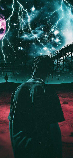 Обои Astroworld с эстетическим изображением Трэвиса Скотта и фоном молнии.