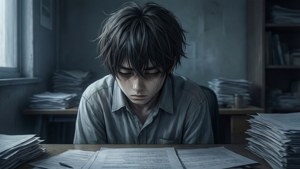 Сумрачный аниме-хлопец, перегруженный за письменным столом. — Сумний аніме гіф Шпалери