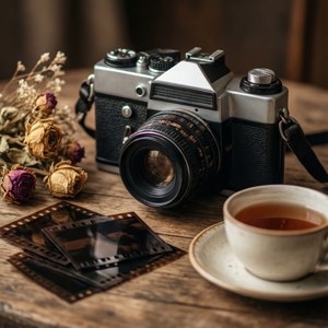 Вінтажна камера с плівкою і сухоцвітами. — Інді естетика гіф Шпалери
