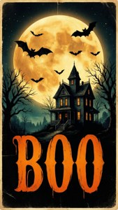 Ретро-плакат с місяцем, кажанами, домом с привидениями и текстом BOO — Естетика хеллоуина Шпалери