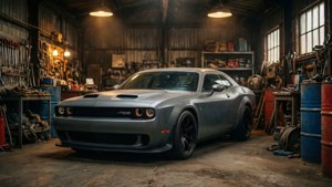 Сірий Dodge Challenger Demon у вінтажному гаражі, шпалери 4K