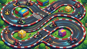 Ізометричний вид гоночної траси Mario Kart з картинг-гонками. — Nintendo Шпалери