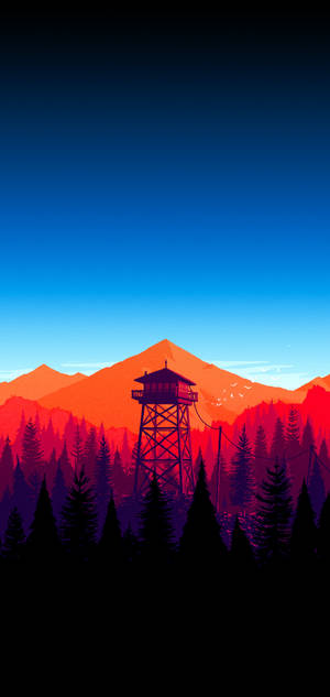 AMOLED обои с горным пейзажем и каскадными деревьями на градиентно-голубом небе.