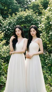TWICE у білих сукнях у пишному саду з м'яким сонячним світлом.