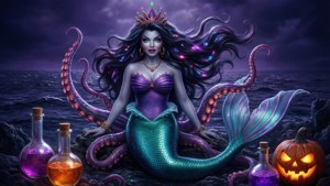 Урсула накладывает заклинания, её щупальца светятся в тёмном море.
