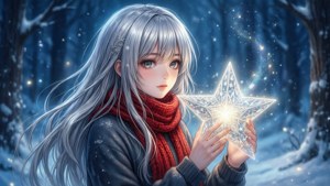 Аніме-дівушка с серебристым волосами и красным шарфом, держащая светящуюся звезду в заснеженном лесу. — Аниме рождество Шпалери
