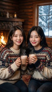 TWICE у затишних зимових светрах зі снігом та теплим світлом каміна.