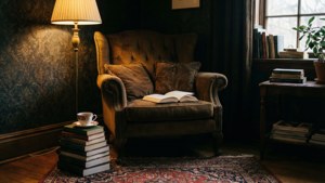 Теплий і атмосферний куточок для читання з лампою та книгами.