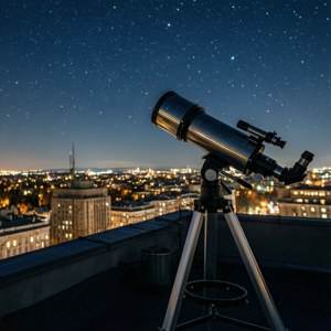 Телескоп на крыше, направленный на ночное небо над городом. — Pixel Watch 4 Шпалери