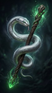 Змія, обвившаяся вокруг святящегося жезла. — Слизеринская эстетика Шпалери