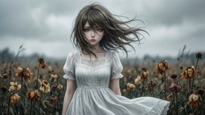 Аніме-дівушка на зів'ялом полі, сумна і розвівається на вітру. — Сумний аніме гіф Шпалери