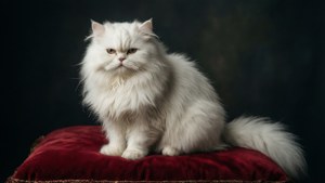Величественный белый персидский кот, сидящий по-королевски на бархатной подушке. — Кіт Шпалери