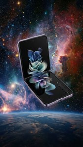 Z Flip 5, що парить в відкритом космосі на фоні яpкої туманности і зоряного неба.