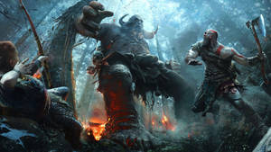 Кратос сражает гигантского тролля в God of War обои.