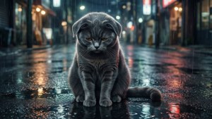 Самотній сірий кіт під дощем — Аніме кіт Шпалери