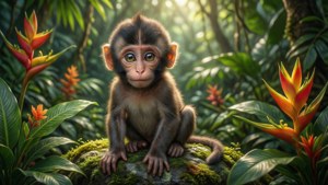 Миле мавпеня сидить на вкритому мохом камені в тропічних джунглях під м'яким сонячним світлом — Мила мавпа Шпалери
