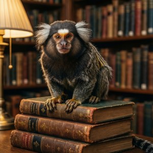 Мармозетка сидит на книгах в уютной библиотечной обстановке. — Pixel Watch 3 Шпалери