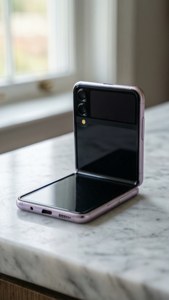 Мінімалістичний Z Flip 5 на мармурі з м'яким пастельним освітленням