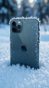 iPhone 11 Pro Max, засыпанный снегом, с деталями инея и зимним фоном.