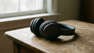 Спокойная сцена с наушниками на деревянном столе в мягком свете. — Музична естетика Шпалери