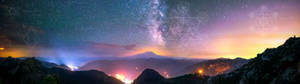 Обої mountain landscape with an aesthetic sky dribbled with math formulas dual monitor. — 3840x1080 Шпалери
