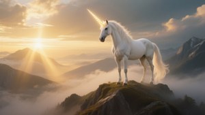 Величественный единорог на горной вершине на рассвете, ідеально для фантазийних обоєв. — Сход сонца Шпалери
