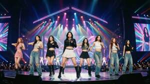 TWICE виступають на яскравій сцені з неоновими вогнями.