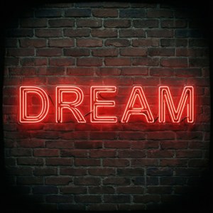 Вдохновляющая неоновая красная вывеска DREAM на кирпичной стене. — Неоновий червоний Шпалери