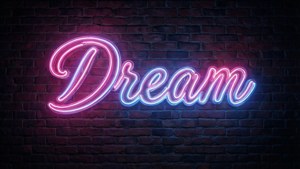 Неоновая вывеска «Dream» розового и синего цвета на темном кирпиче для amoled