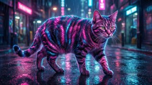 Неоновий полосатий кот, що гуляет по кіберпанковому місту. — Кіт Шпалери