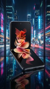 Розкритий Z Flip 5 на фоне футуристичного неонового міста, що поєдиняет технології і нічне житнье.
