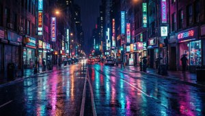 Киберпанк-улица города ночью с неоновыми огнями и мокрыми отражениями.