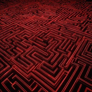 Гипнотический неоновый красный узор лабиринта со светящимися линиями. — Неоновий червоний Шпалери