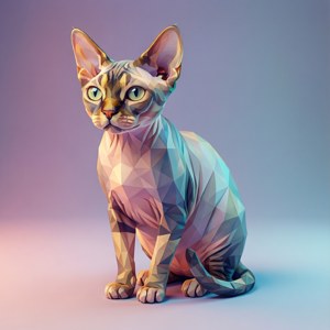 Современный низкополигональный 3D-рендер кошки породы девон-рекс с пастельными фасеточными формами. — Pixel Watch 4 Шпалери