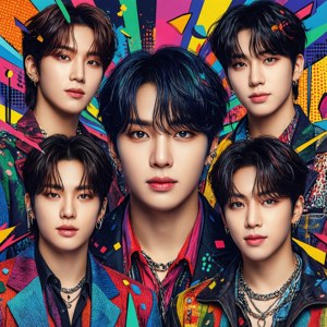 Яскрава обкладинка альбому в стилі поп-арт із зображенням K-pop гурту