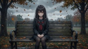 Одинокая аниме-девушка на скамейке осенью, чувствующая грусть. — Сумний аніме гіф Шпалери