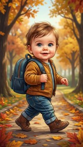 Мультяшный малыш, гуляющий в парке осенью — iPhone 5 Шпалери